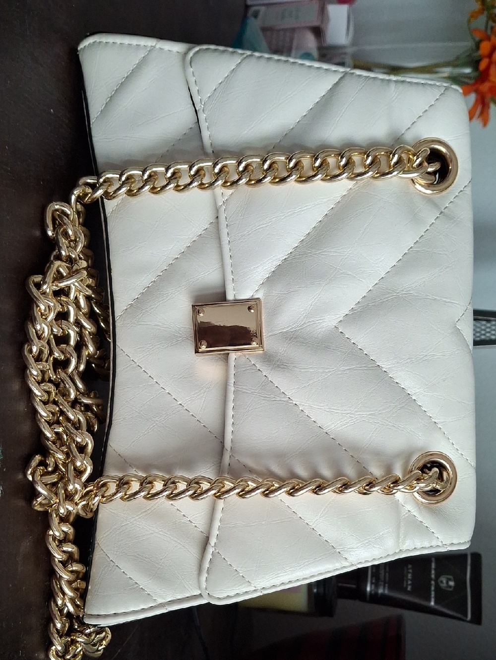 Aldo Cream Quilted Chain-Strap Shoulder Bag in Ivory with Gold Hardware, Great.